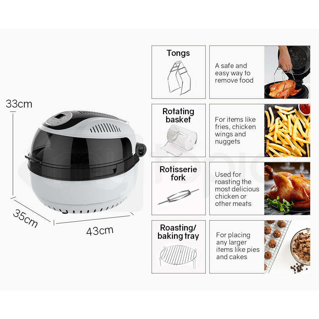 EUROCHEF 10L Electric Digital Air Fryer with Rotisserie, Rotating Fry Basket, Rack and Tongs, White
