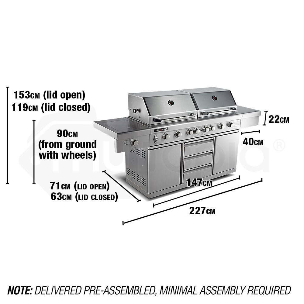 EuroGrille 9 Burner Outdoor BBQ Grill Barbeque Gas Stainless Steel Kitchen Commercial