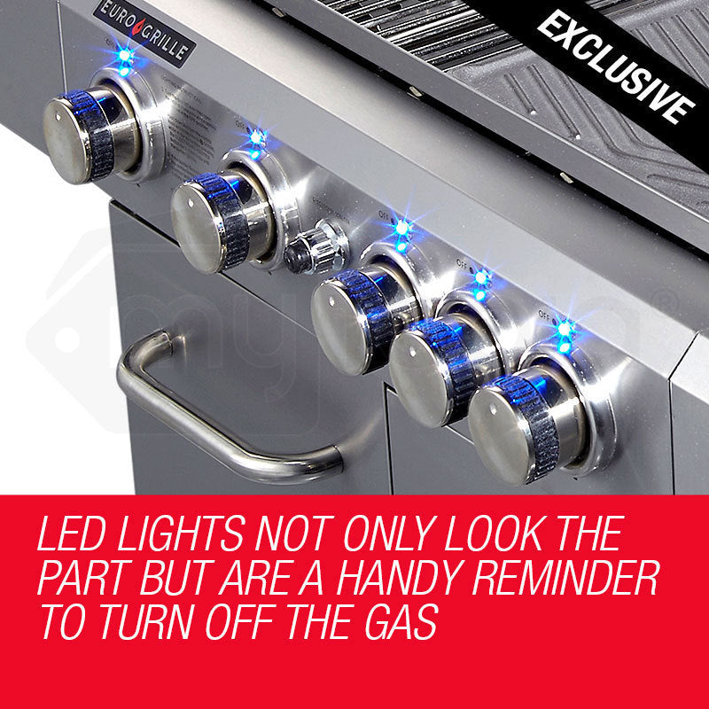 EuroGrille 5 Burner Outdoor BBQ Grill Barbeque Gas Stainless Steel Kitchen Commercial