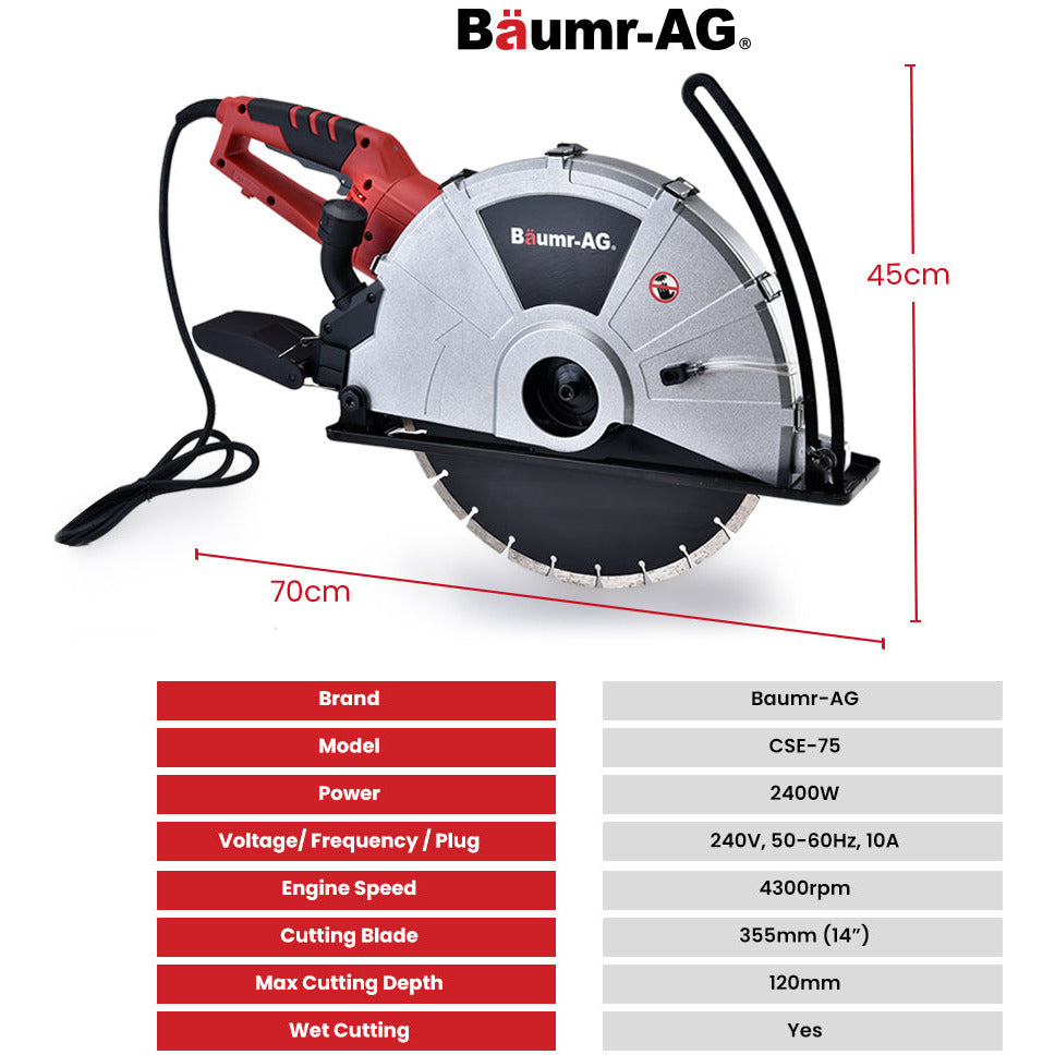 BAUMR-AG 2400W Electric Concrete Saw 355mm Demolition Cutter Wet Dry Demo Tool Circular Cutting