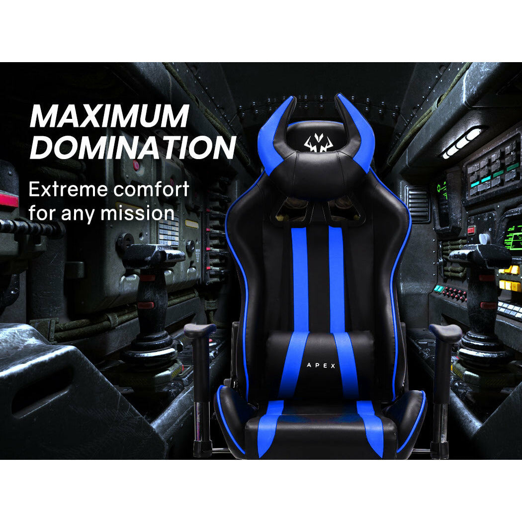 OVERDRIVE Diablo Reclining Gaming Chair Black & Blue Computer Lumbar Office Horns