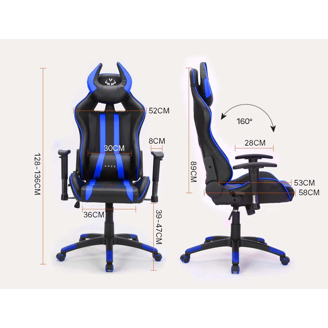 OVERDRIVE Diablo Reclining Gaming Chair Black & Blue Computer Lumbar Office Horns