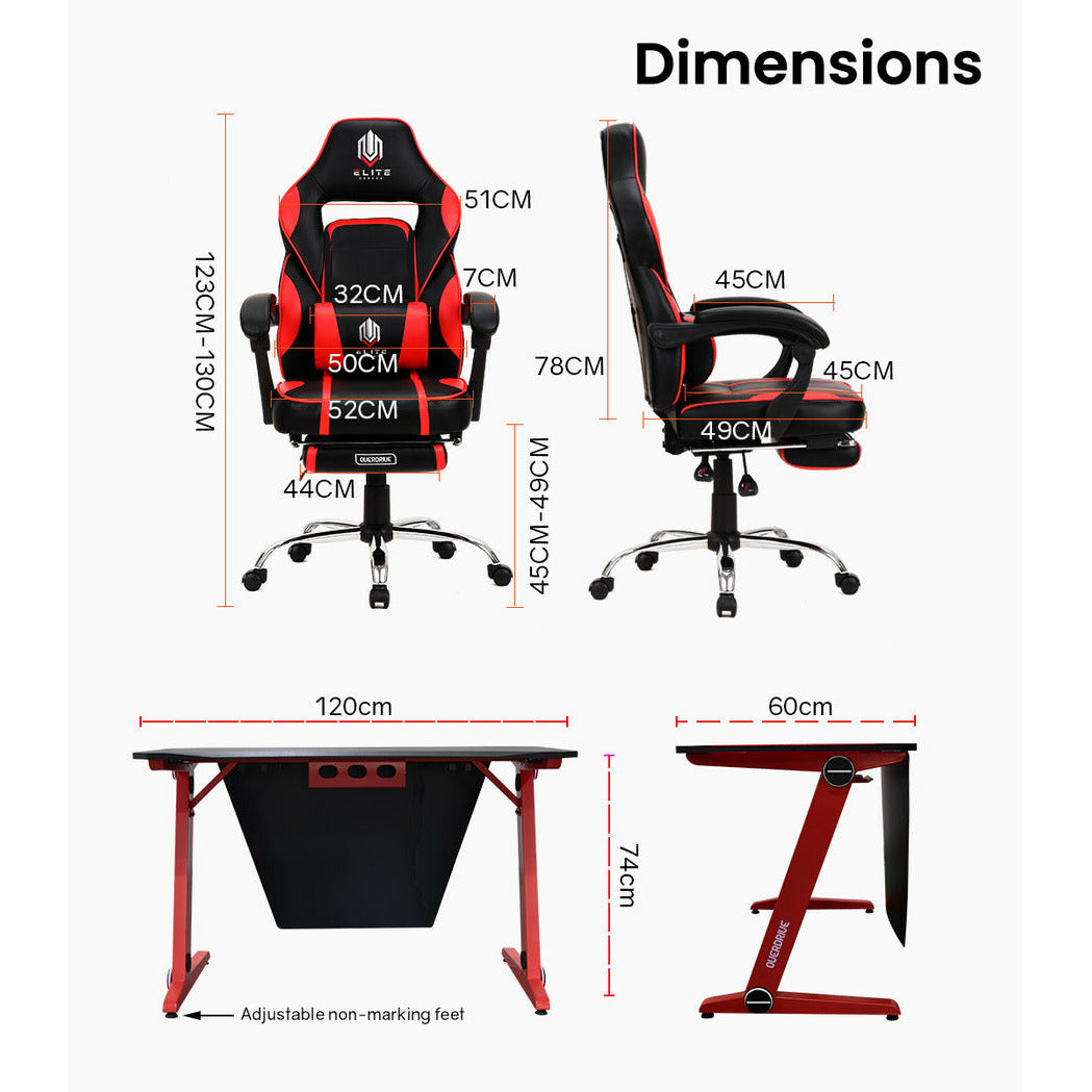 OVERDRIVE Gaming Chair Desk Racing Seat Setup PC Combo Office Table Black Red