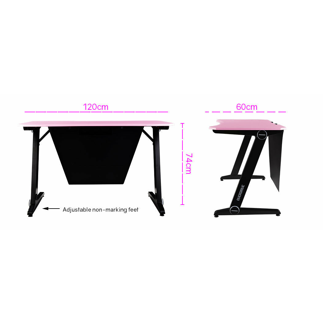 OVERDRIVE Gaming Computer PC Desk Z-Style, Pink and Black, Cable Management