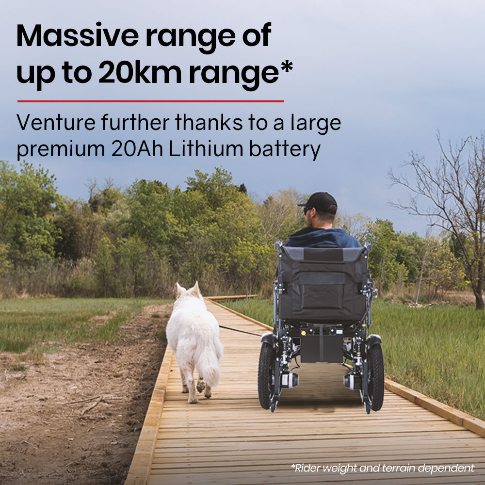 EQUIPMED Power Electric Wheelchair, Folding, 20km Max Frame, Wider Seat, Lithium Battery, Black