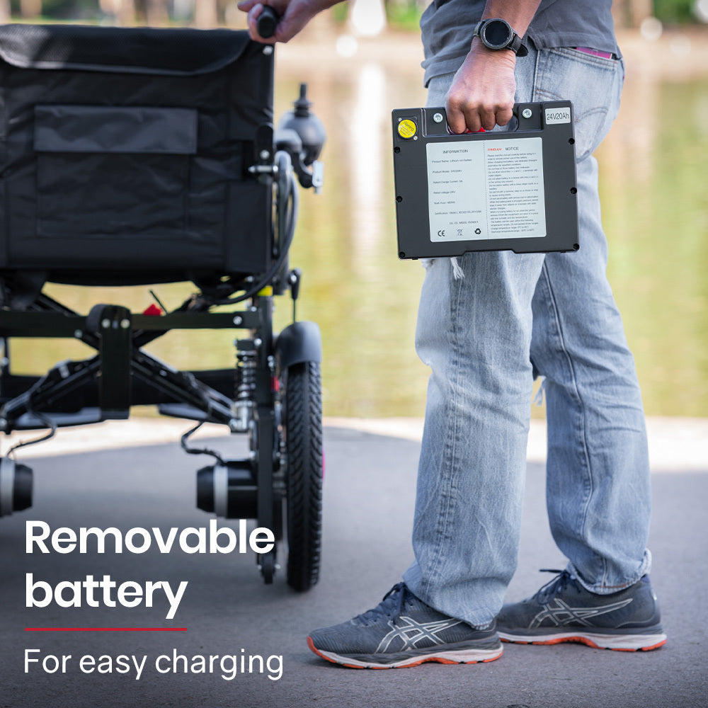 EQUIPMED Power Electric Wheelchair, Folding, 20km Max Frame, Wider Seat, Lithium Battery, Black