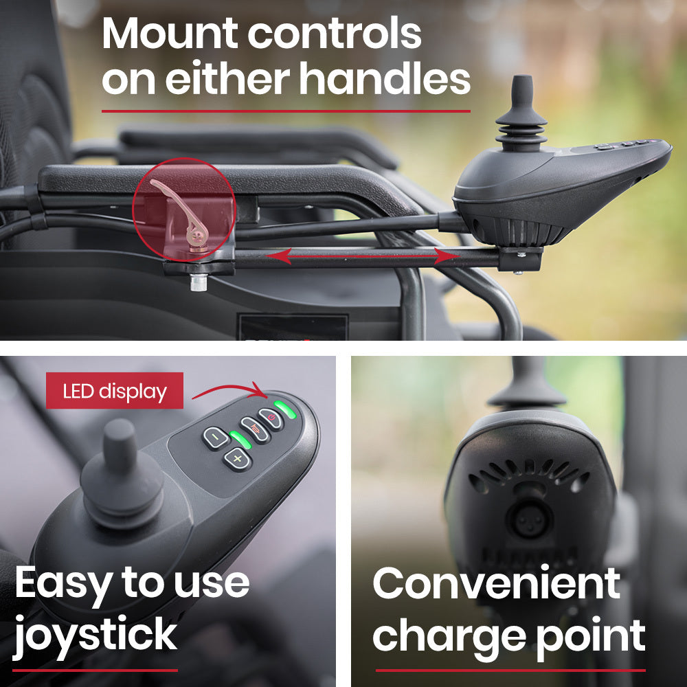 EQUIPMED Power Electric Wheelchair, Folding, 20km Max Frame, Wider Seat, Lithium Battery, Black