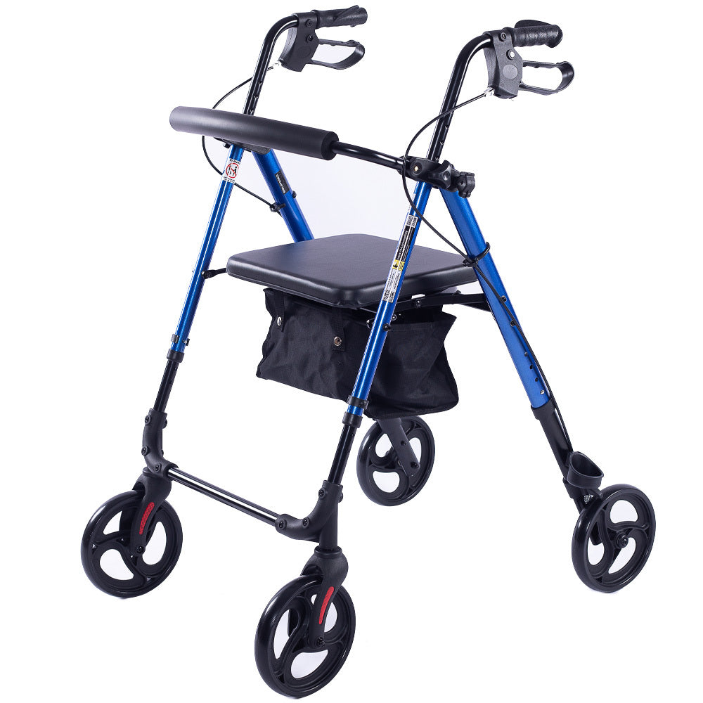 EQUIPMED 4 Wheel Lightweight Rollator Walker, Aluminium Frame, Seat, Carry Bag, for Seniors, Blue