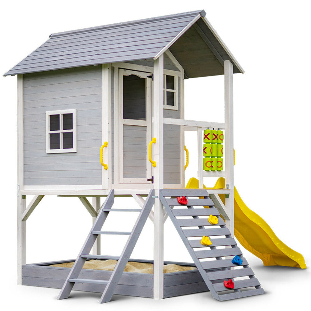 ROVO KIDS Wooden Tower Cubby House with Slide, Sandpit, Climbing Wall, Noughts &amp; Crosses