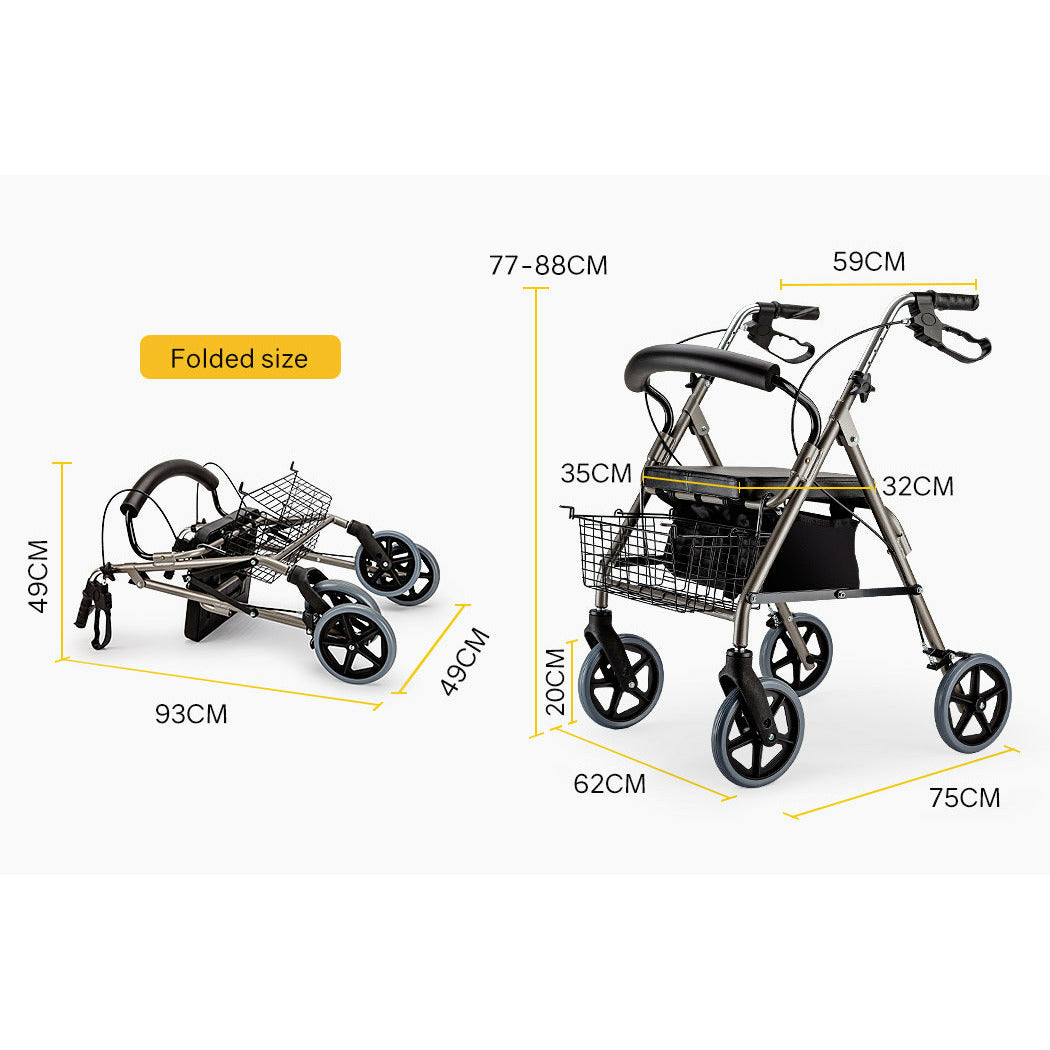 EQUIPMED Foldable Rollator Walking Frame Outdoor Indoor Mobility Walker Aids