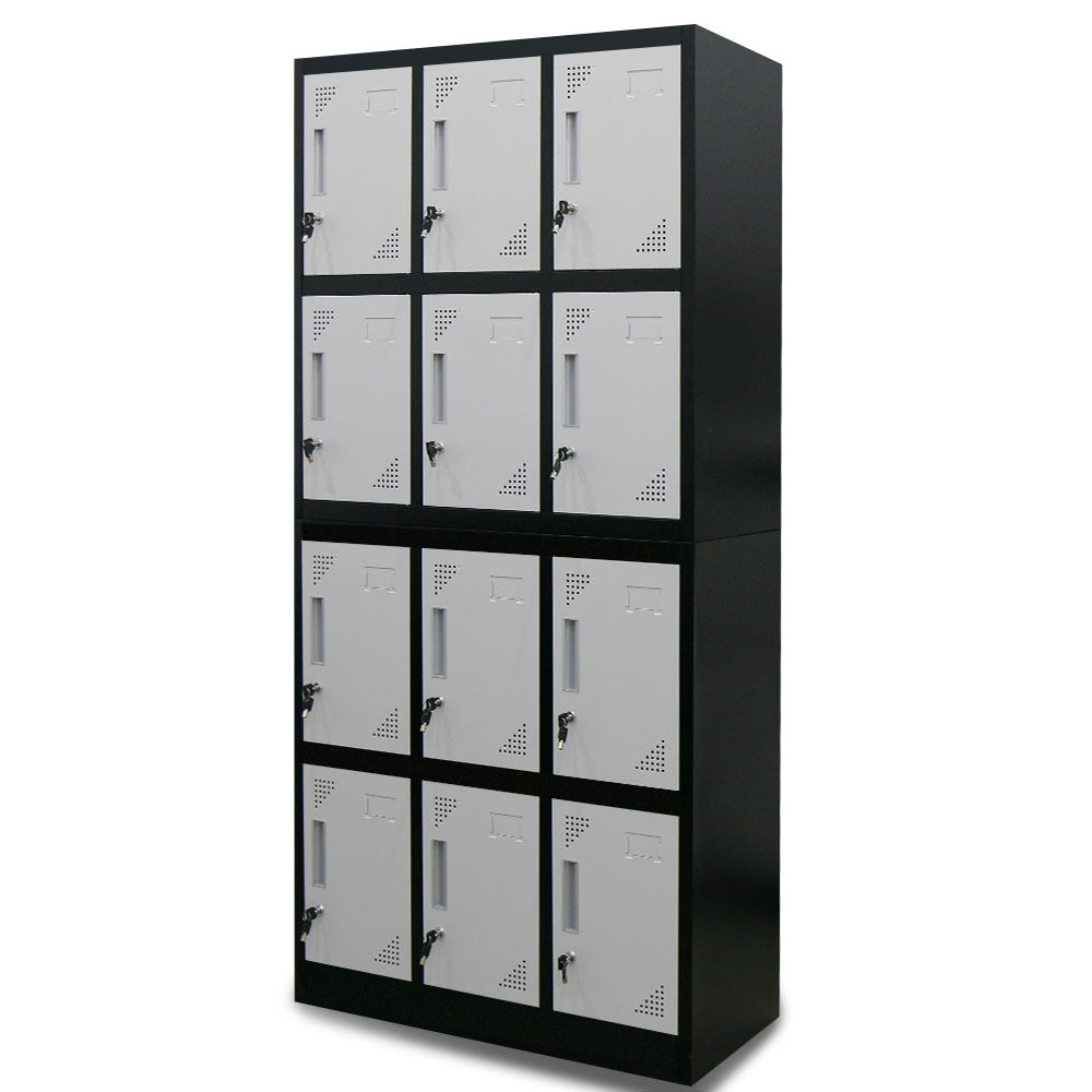 FORTIA 12-Door Metal Storage Locker Cabinet Gym Office Lockers Compartment, Black &amp; Light Grey