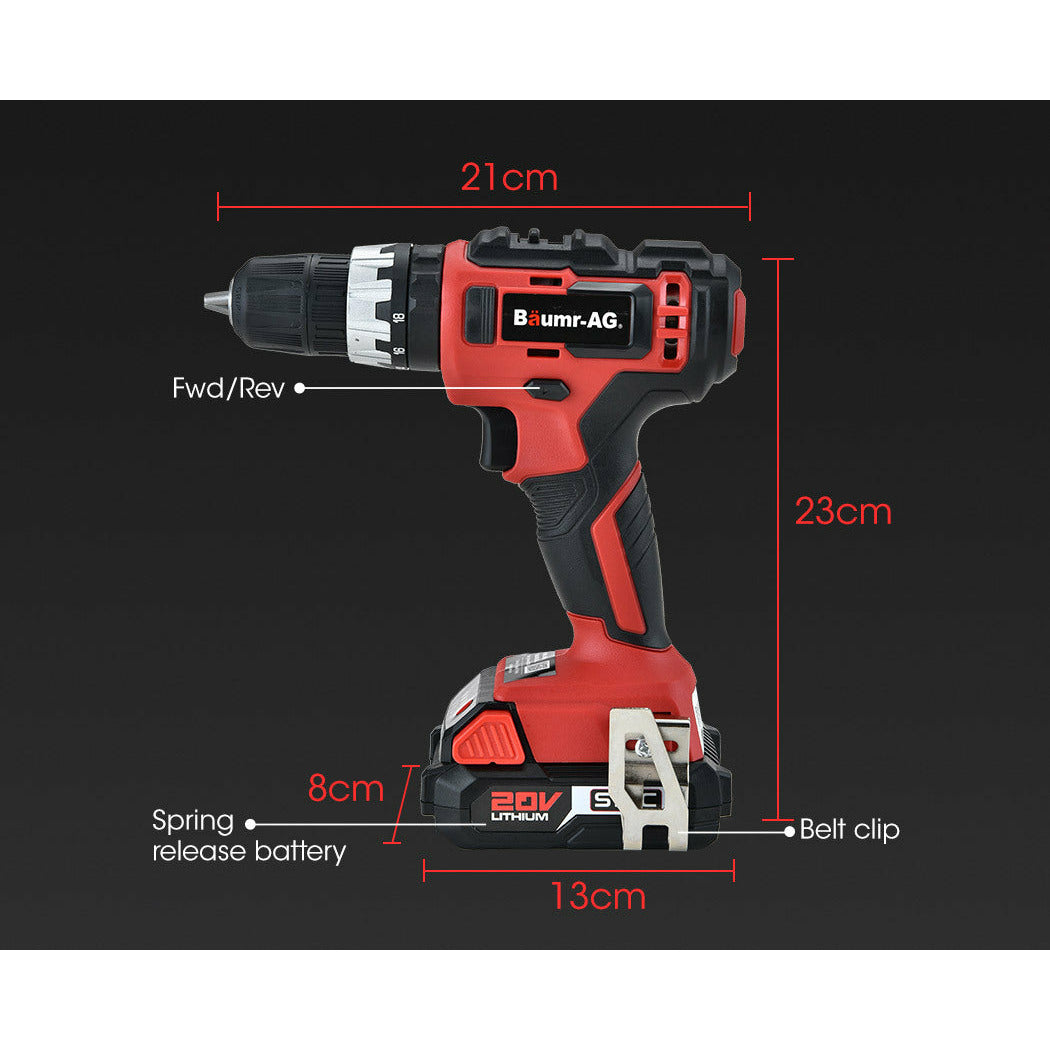 BAUMR-AG 20V Cordless Power Drill Kit Lithium Battery Hammer Drilling with Bag