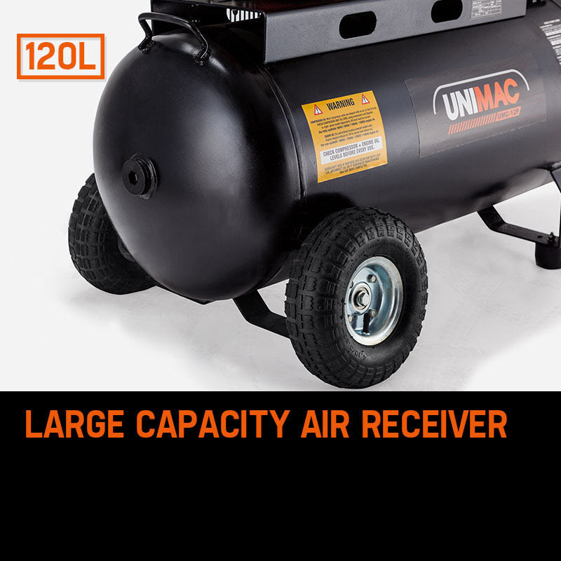 UNIMAC 8HP Air Compressor 115PSI 120L Petrol Powered Industrial Air Conditioning