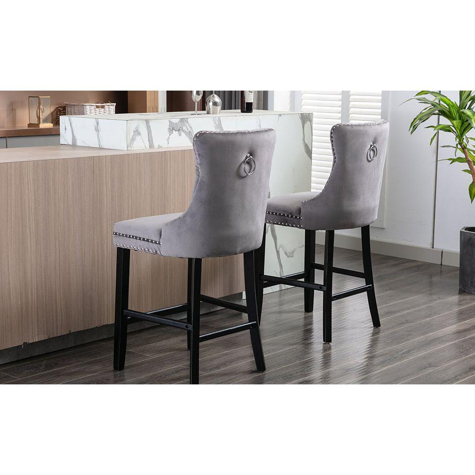4X Velvet Bar Stools with Studs Trim Wooden Legs Tufted Dining Chairs Kitchen