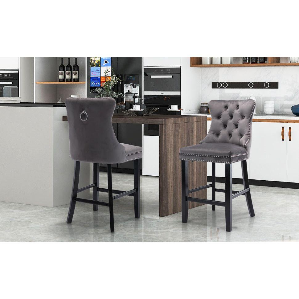 6X Velvet Bar Stools with Studs Trim Wooden Legs Tufted Dining Chairs Kitchen