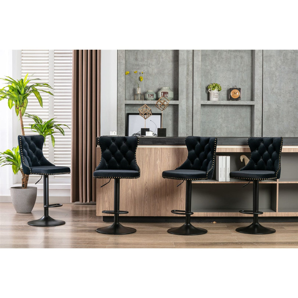4x Height Adjustable Swivel Bar Stool Velvet Nailhead Barstool with Footrest