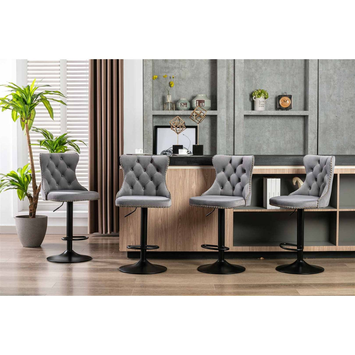4x Height Adjustable Swivel Bar Stool Velvet Nailhead Barstool with Footrest