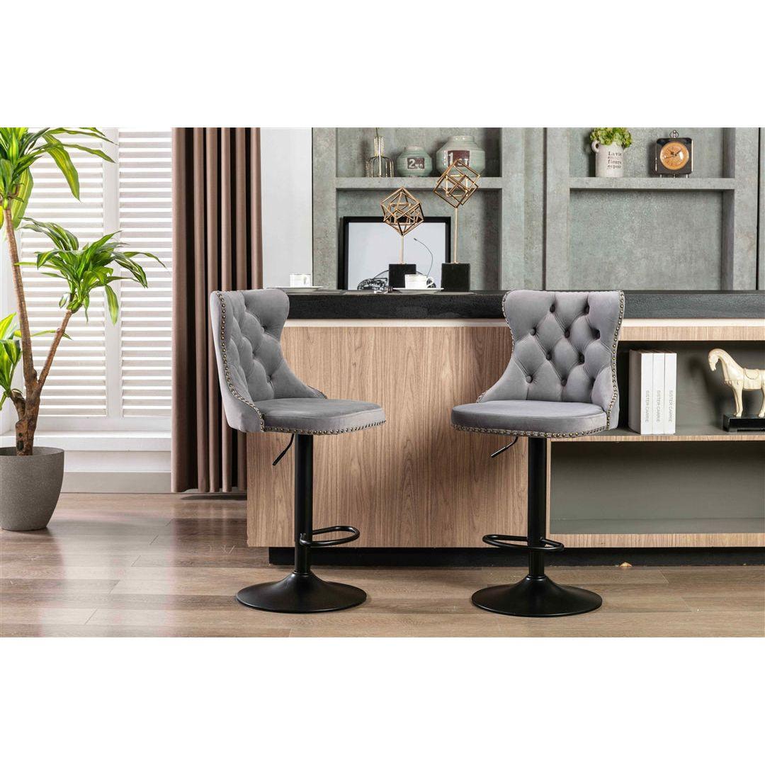 4x Height Adjustable Swivel Bar Stool Velvet Nailhead Barstool with Footrest