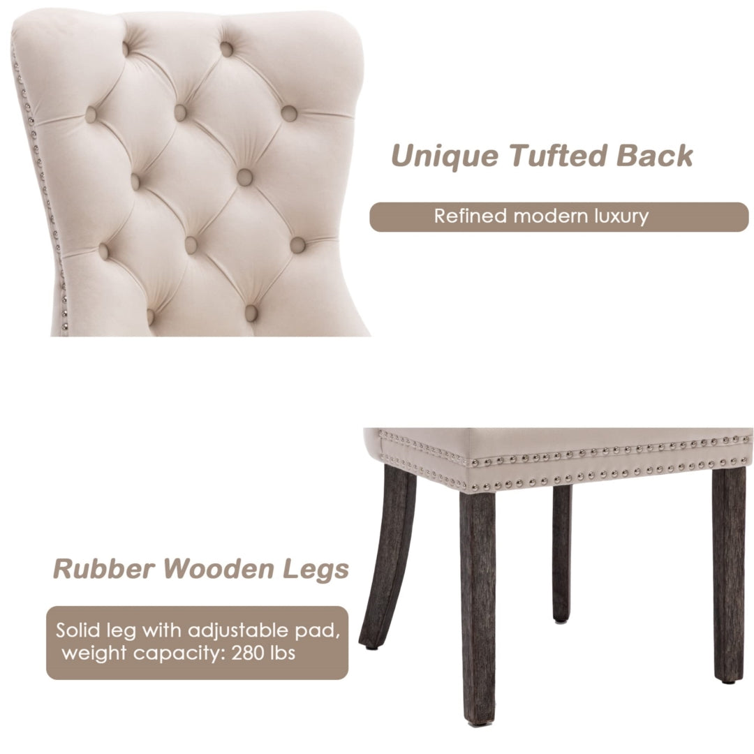 2x Velvet Dining Chairs Upholstered Tufted Kithcen Chair with Solid Wood Legs Stud Trim and Ring-Beige