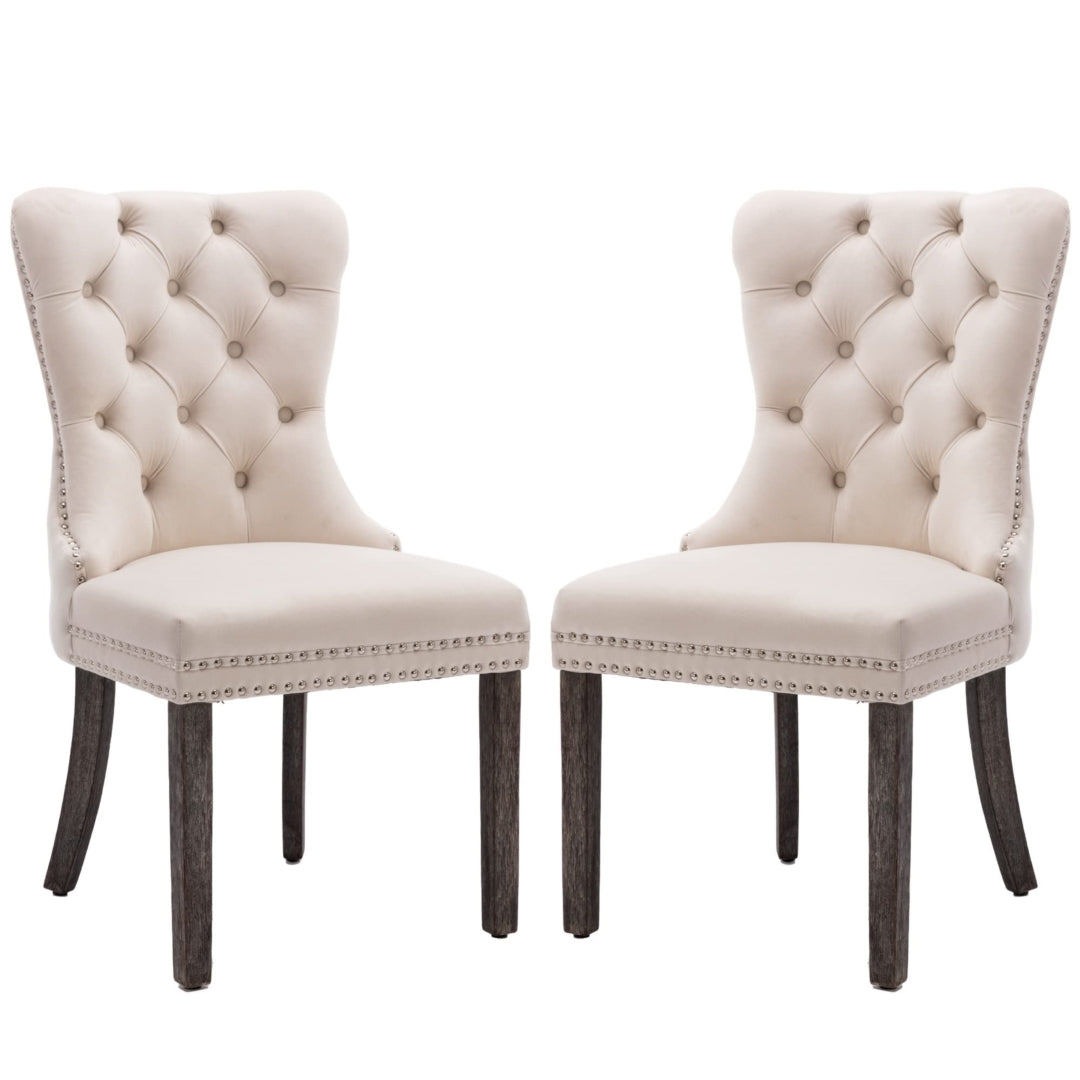 2x Velvet Dining Chairs Upholstered Tufted Kithcen Chair with Solid Wood Legs Stud Trim and Ring-Beige