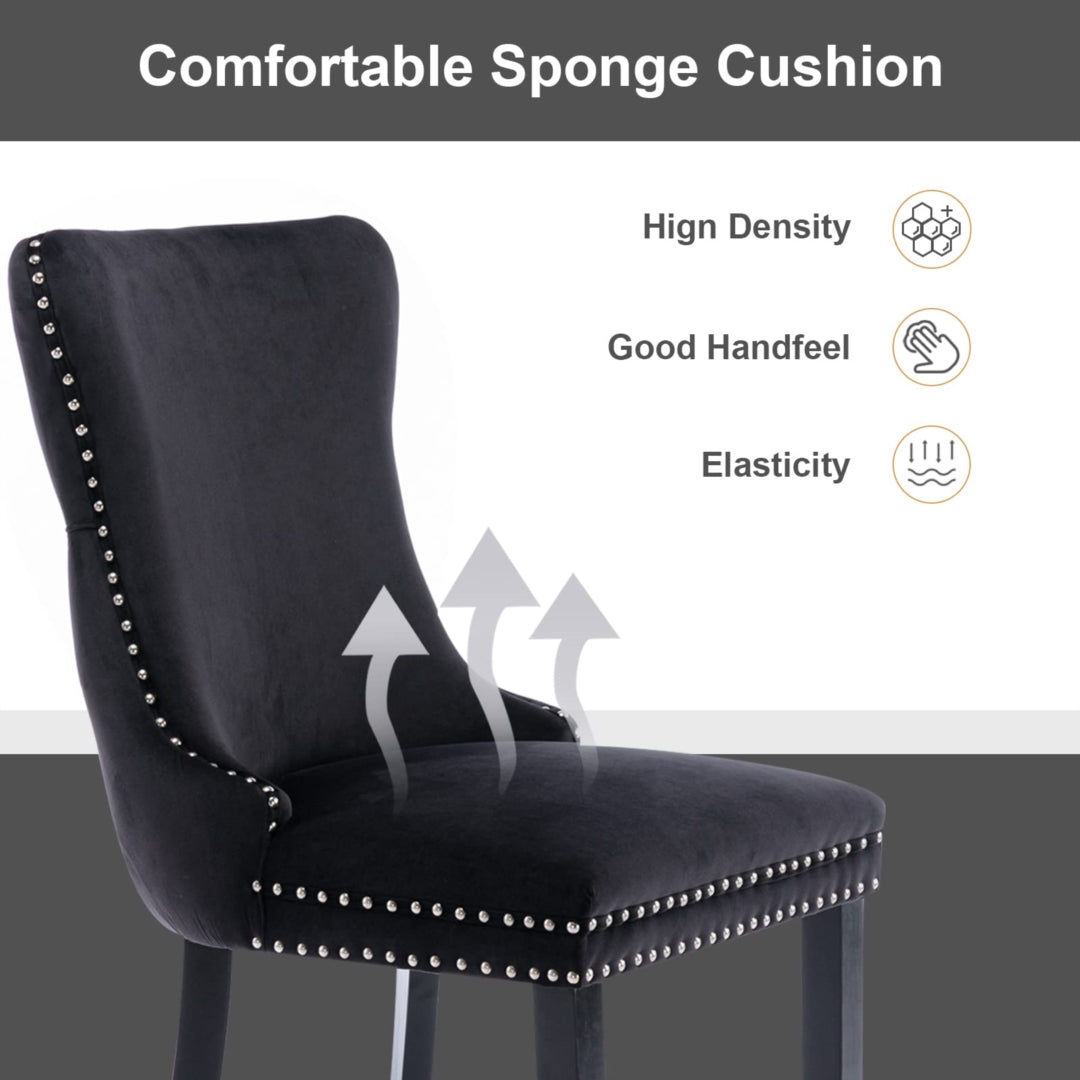 2x Velvet Upholstered Dining Chairs Tufted Wingback Side Chair with Studs Trim Solid Wood Legs for Kitchen