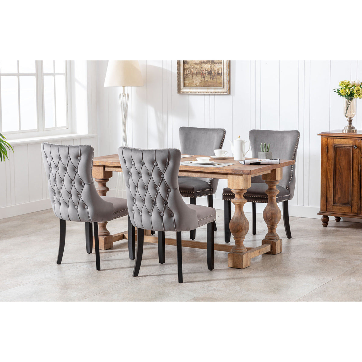 2x Velvet Upholstered Dining Chairs Tufted Wingback Side Chair with Studs Trim Solid Wood Legs for Kitchen