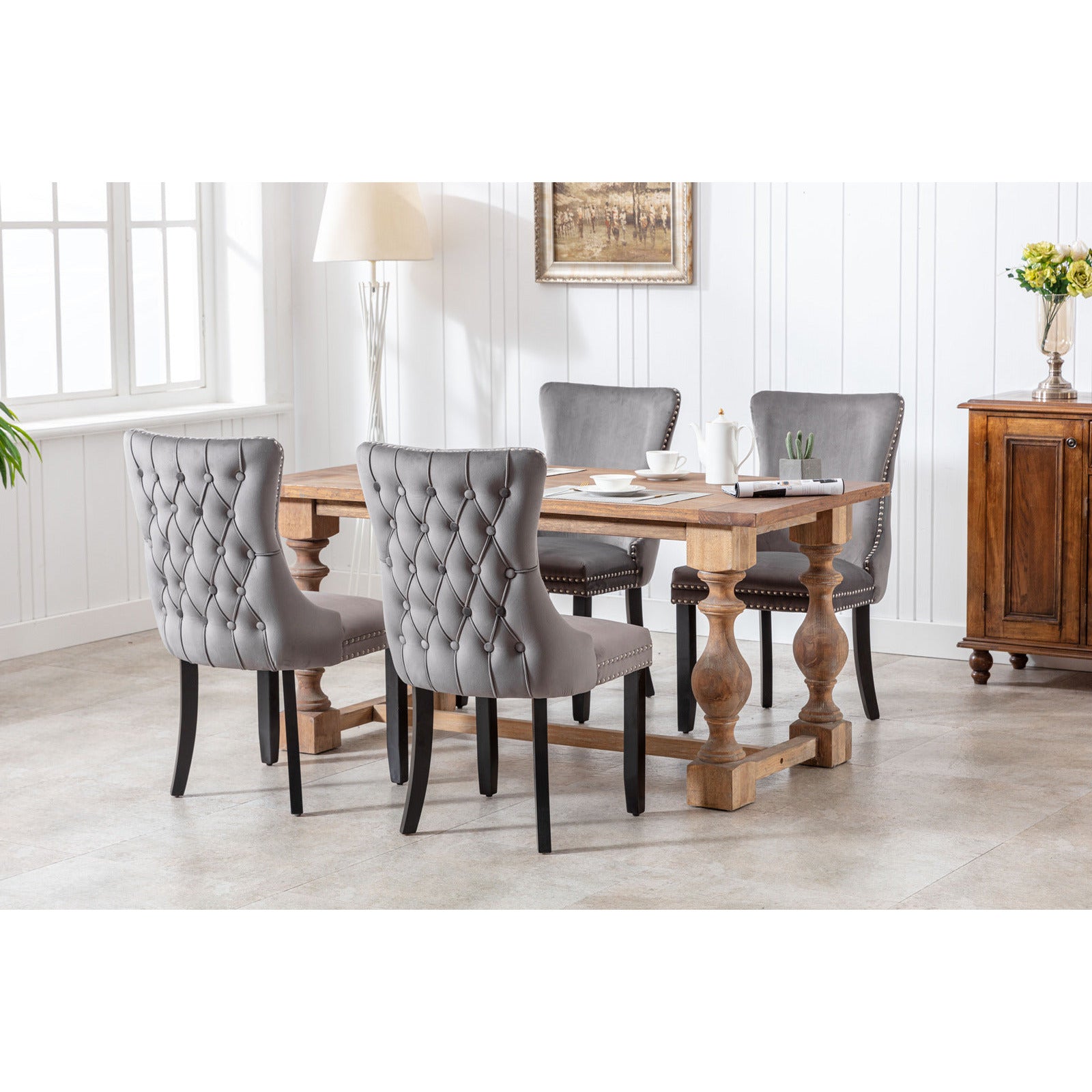 2x Velvet Upholstered Dining Chairs Tufted Wingback Side Chair with Studs Trim Solid Wood Legs for Kitchen