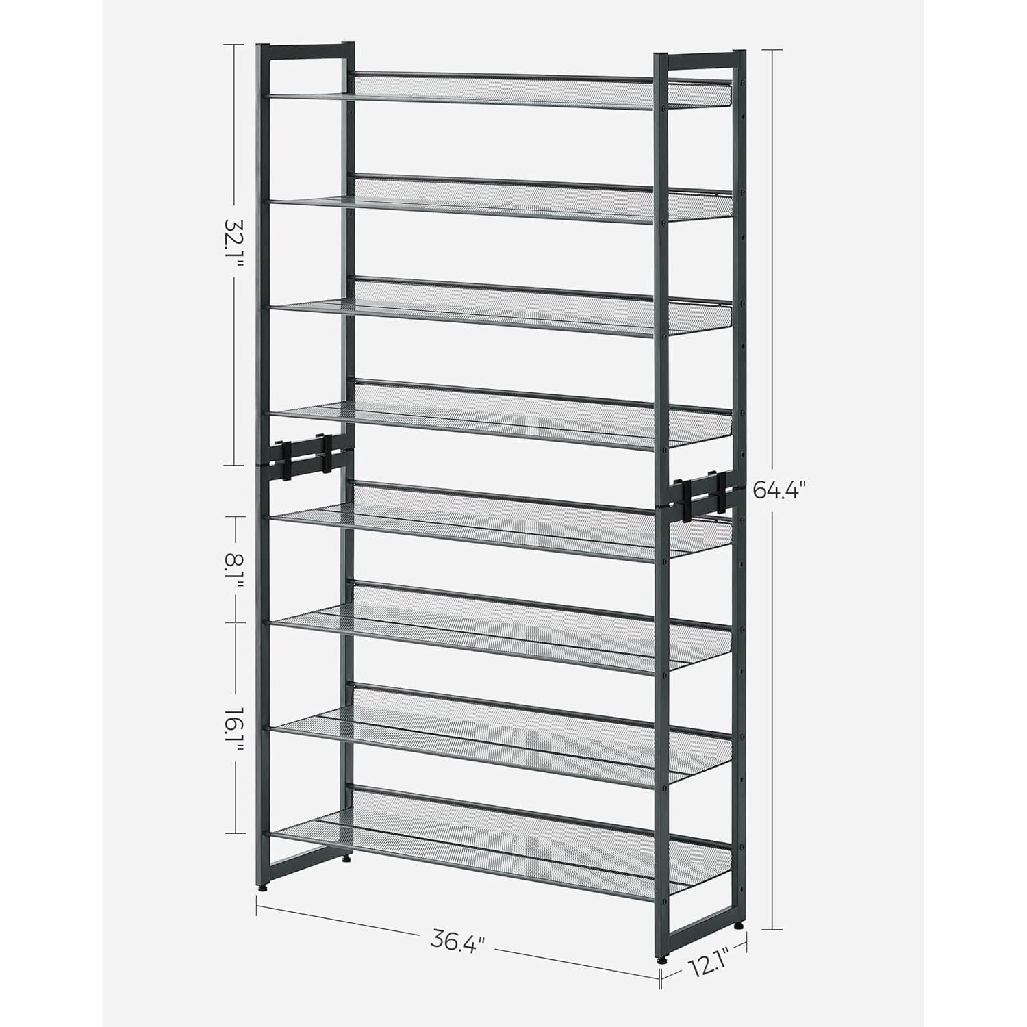 SONGMICS 8-Tier Shoe Rack Storage 32 pairs with Adjustable Shelves Gray LMR08GBV1