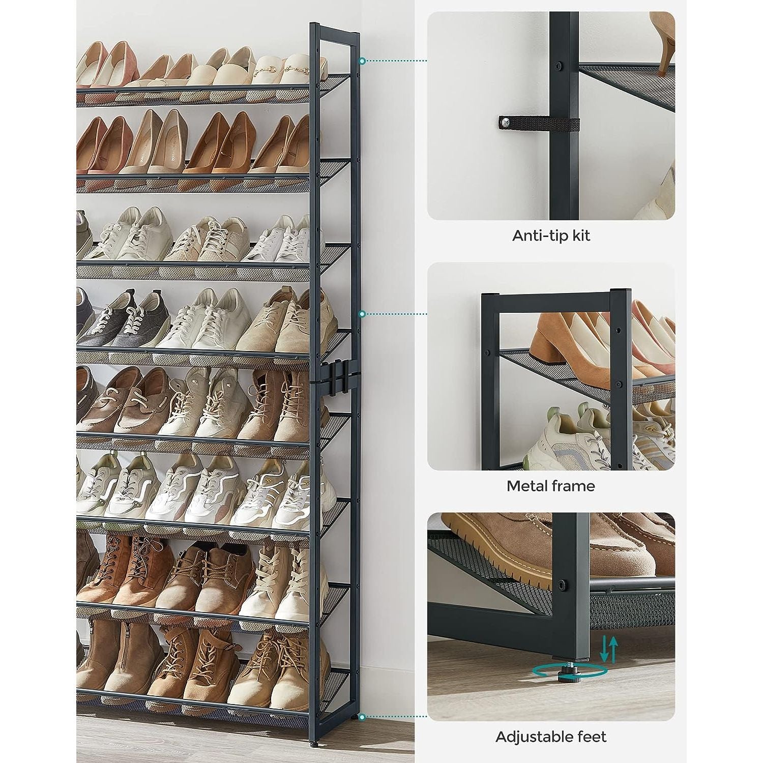 SONGMICS 8-Tier Shoe Rack Storage 32 pairs with Adjustable Shelves Gray LMR08GBV1