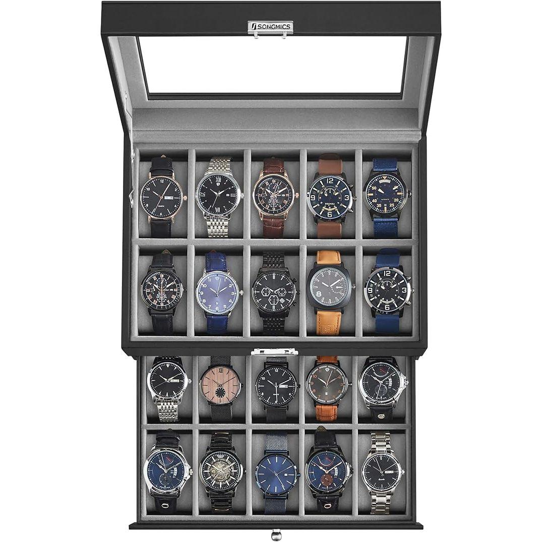 SONGMICS 20-Slot Watch Box with Glass Lid 2 Layers Black Synthetic Leather Gray Lining JWB006V1