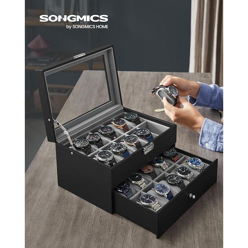 SONGMICS 20-Slot Watch Box with Glass Lid 2 Layers Black Synthetic Leather Gray Lining JWB006V1