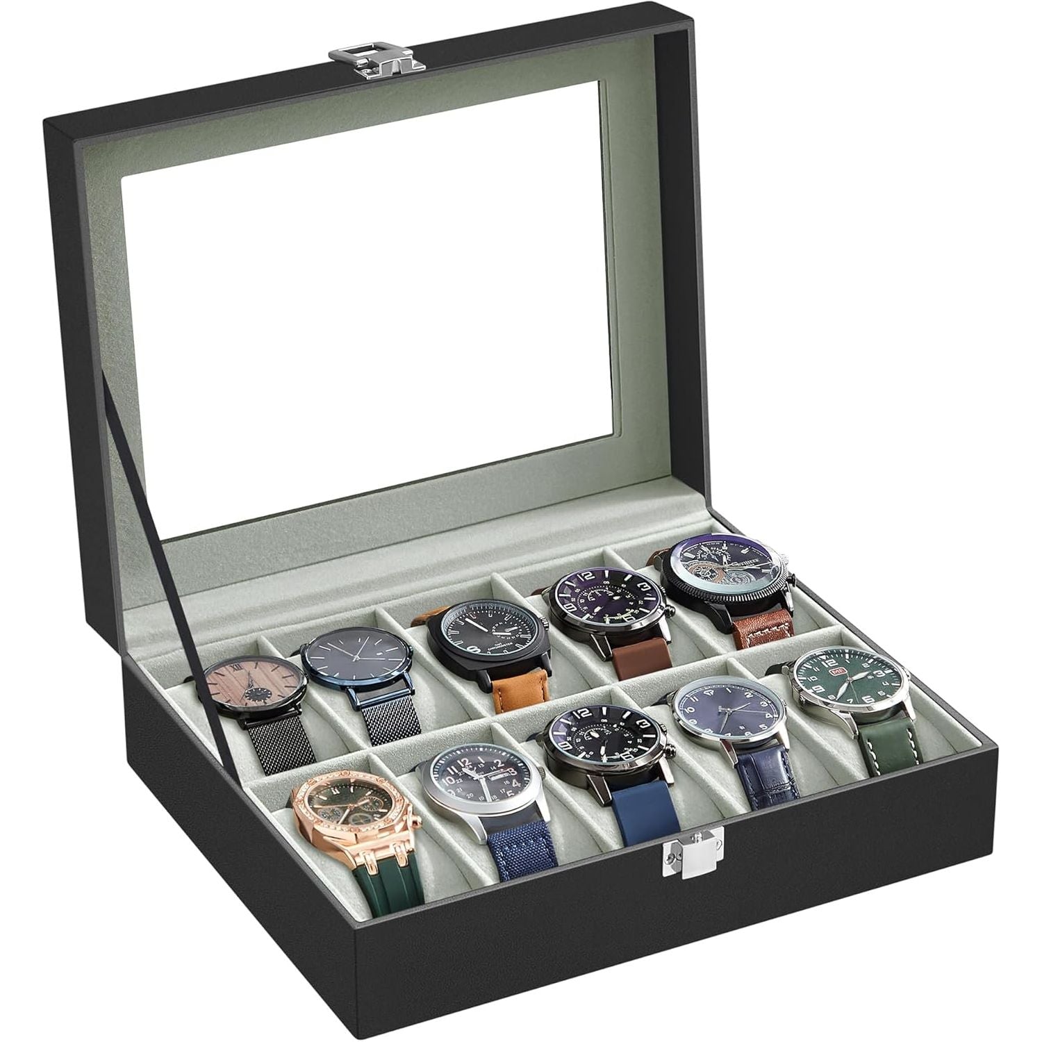 SONGMICS Watch Box for 10 Watches with Glass Lid and Removable Watch Pillows Black Synthetic Leather Grey Lining JWB010BK