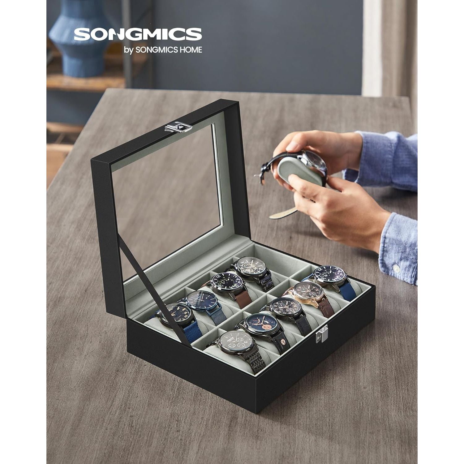 SONGMICS Watch Box for 10 Watches with Glass Lid and Removable Watch Pillows Black Synthetic Leather Grey Lining JWB010BK