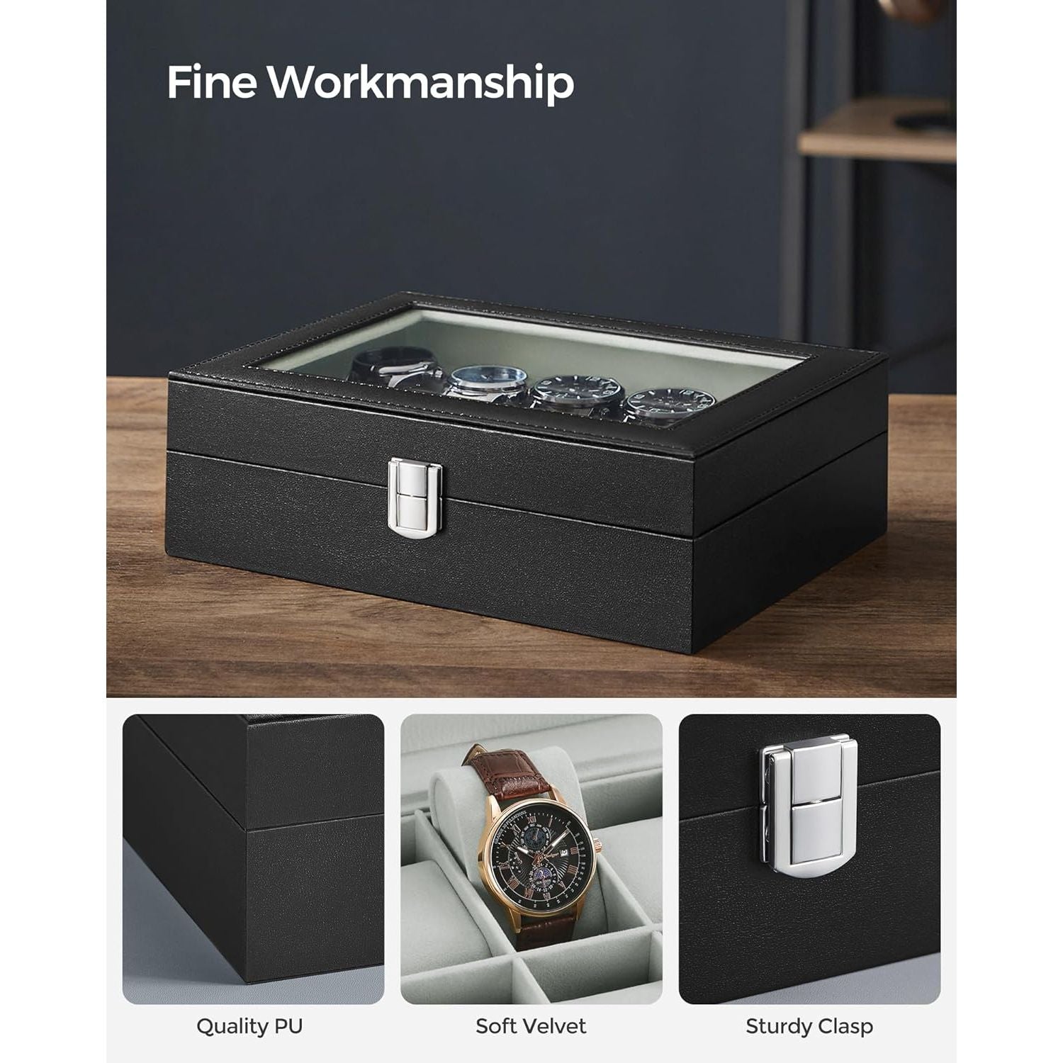 SONGMICS Watch Box for 10 Watches with Glass Lid and Removable Watch Pillows Black Synthetic Leather Grey Lining JWB010BK