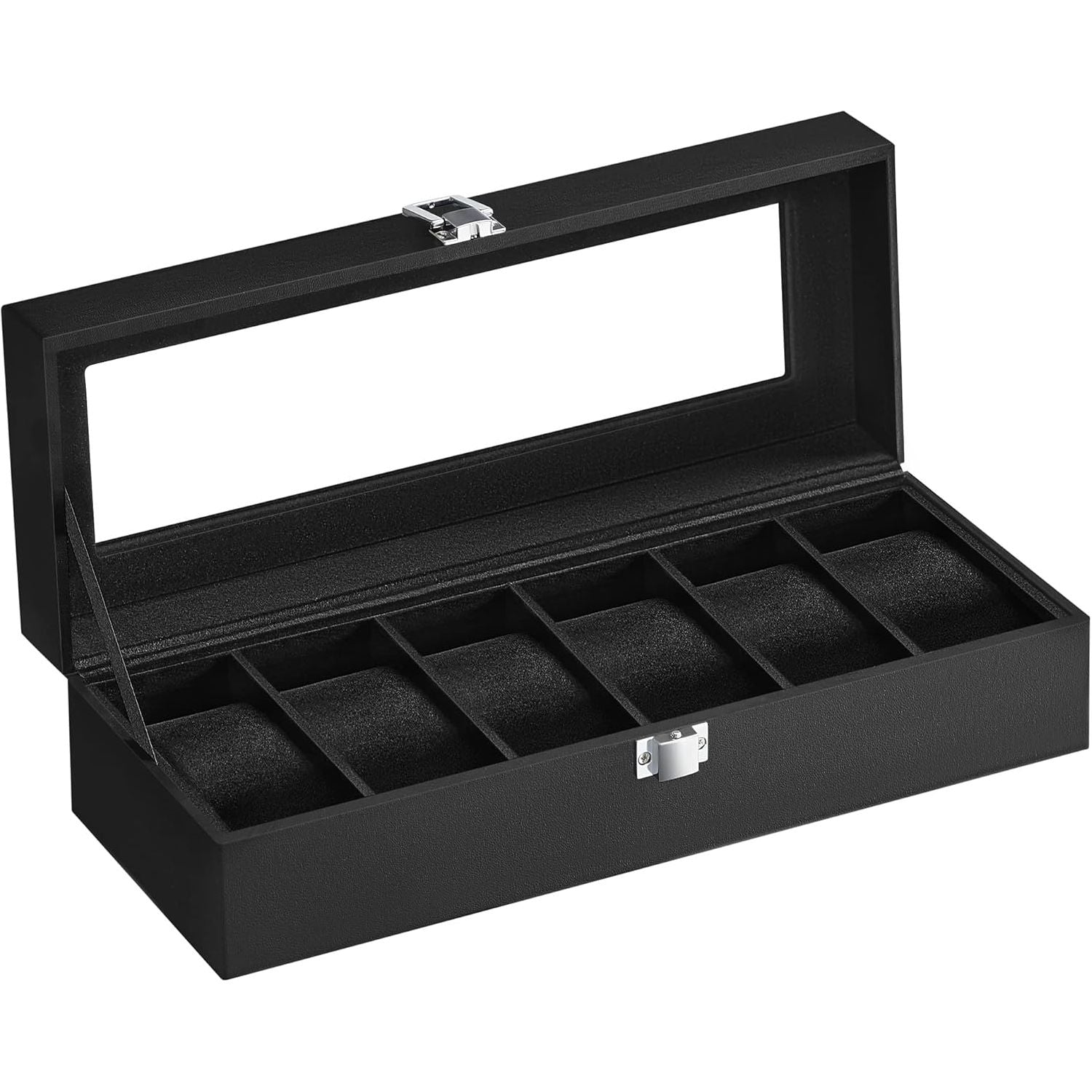 SONGMICS Watch Box for 6 Watches with Glass Lid and Removable Watch Pillows Black Synthetic Leather Grey Lining JWB06BK