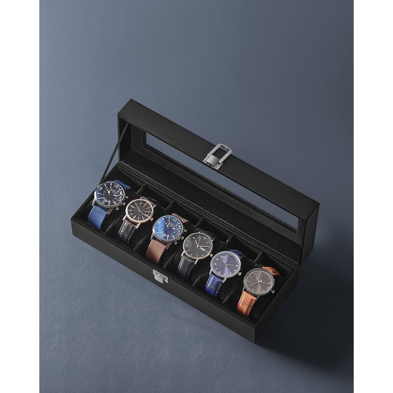 SONGMICS Watch Box for 6 Watches with Glass Lid and Removable Watch Pillows Black Synthetic Leather Grey Lining JWB06BK