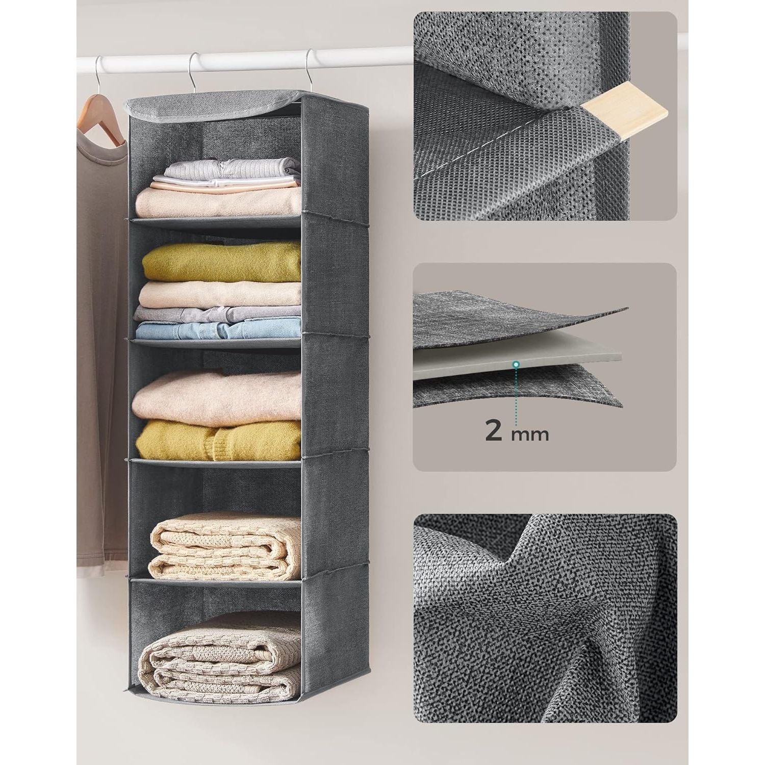 SONGMICS Hanging Wardrobe Storage Organiser Grey RYCH06G