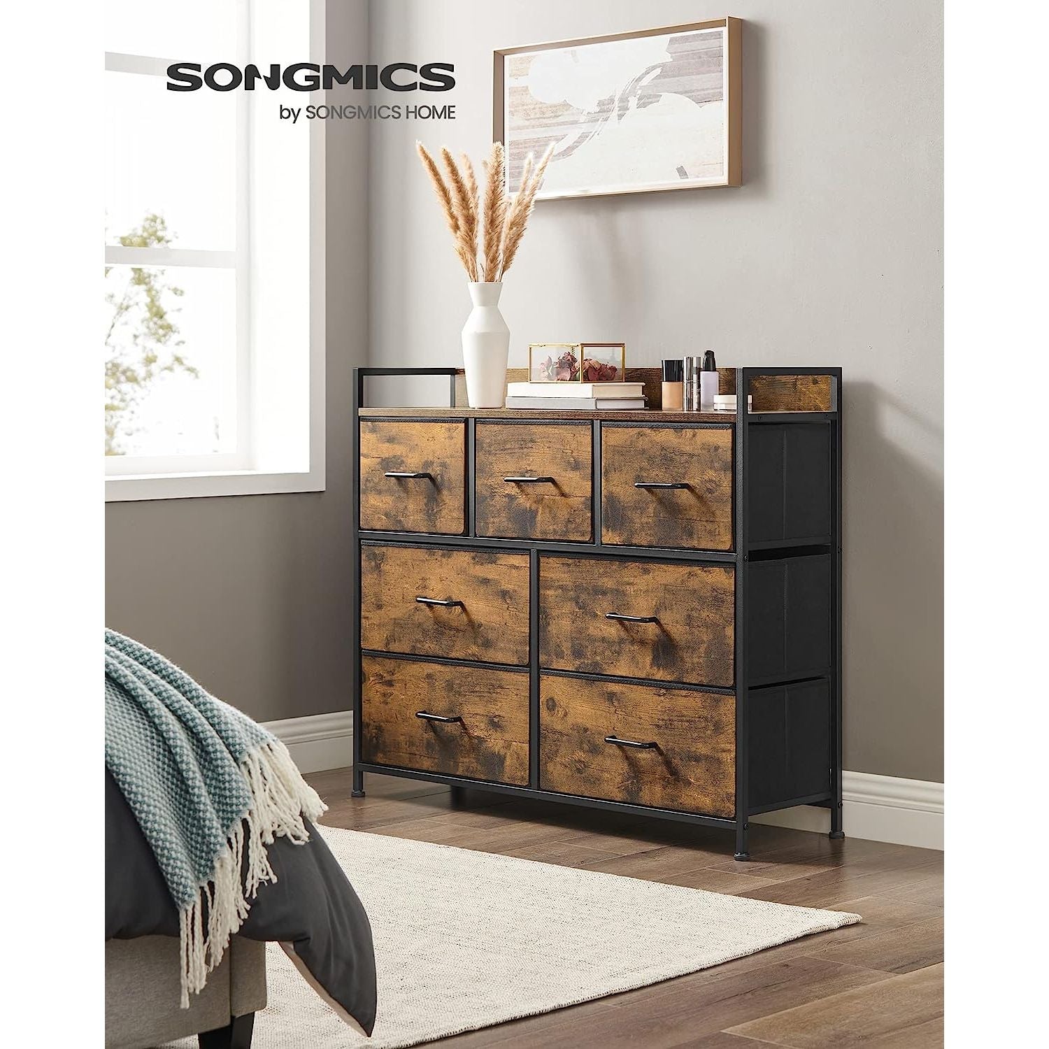 SONGMICS Dresser for Bedroom Chest of Drawers Rustic Brown and Black LTS137B01