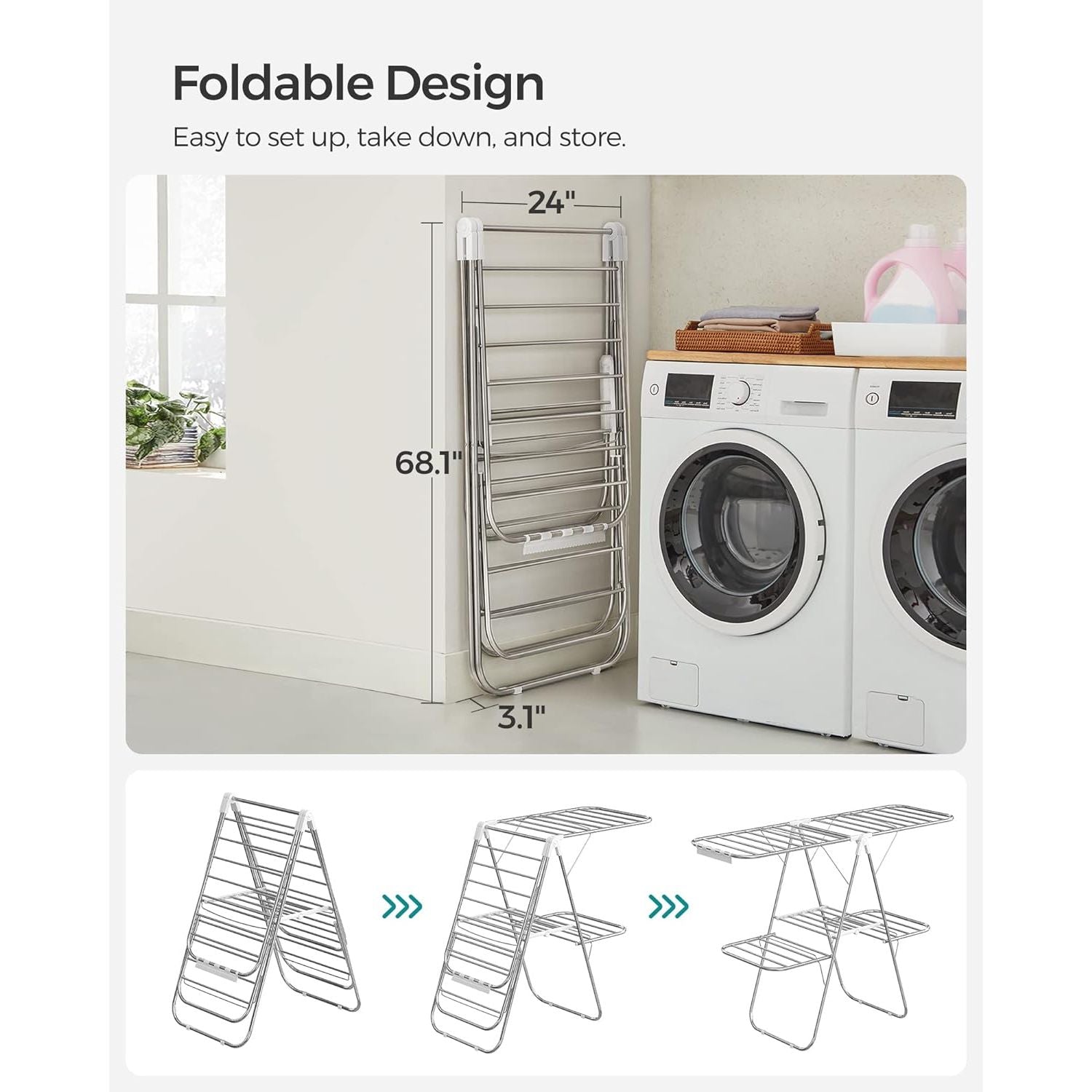 SONGMICS Foldable 2-Level Large Clothes Drying Rack with Adjustable Wings 33 Drying Rails and Clips Silver and White LLR053W01