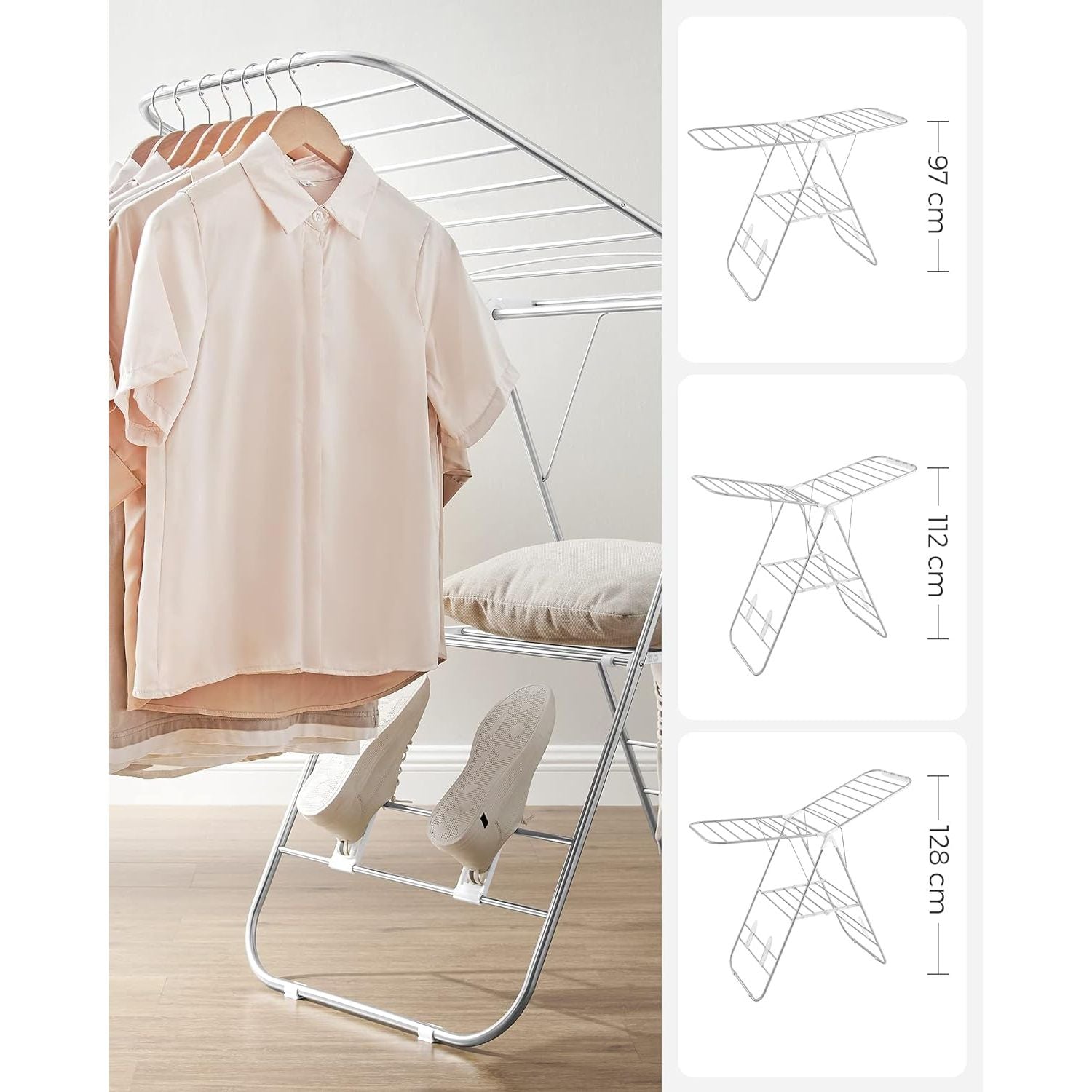 SONGMICS Foldable Clothes Drying Rack with Adjustable Wings Stainless Steel White and Silver LLR502W01