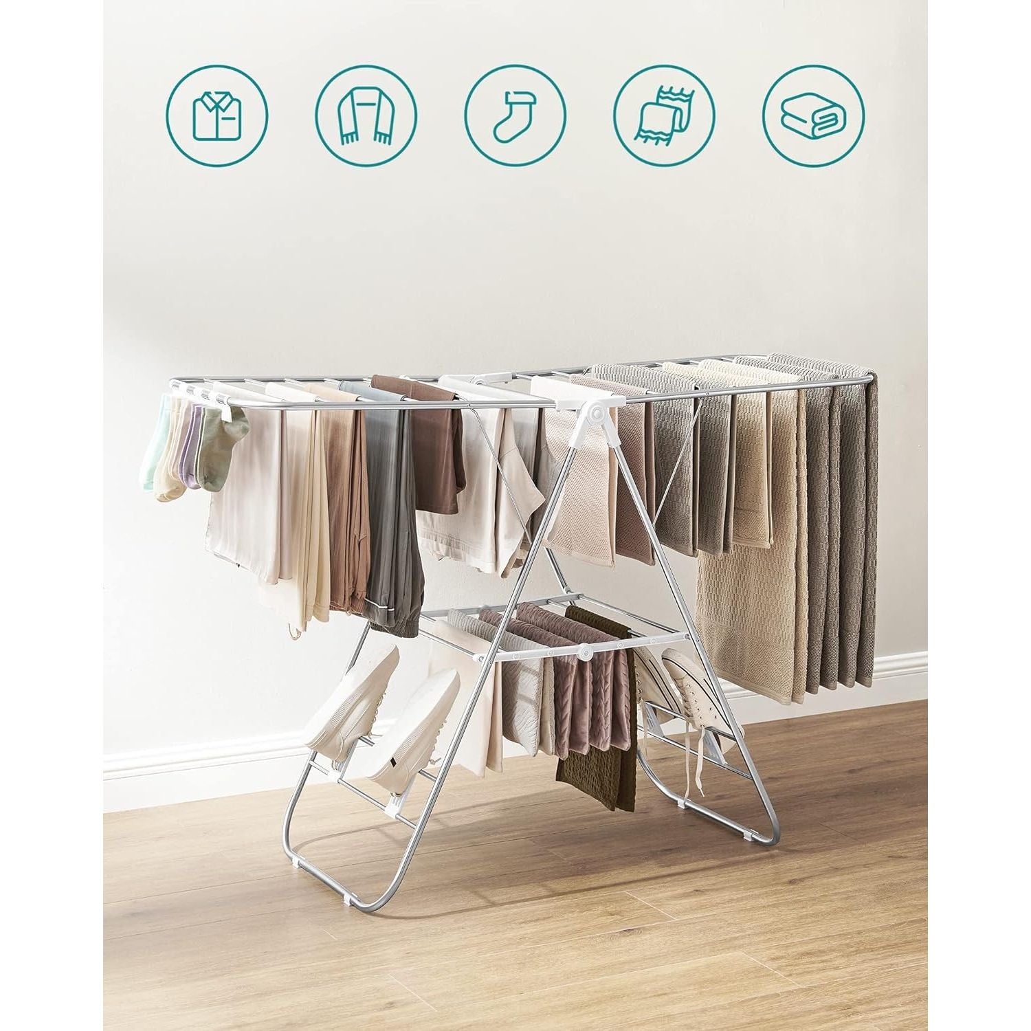 SONGMICS Foldable Clothes Drying Rack with Adjustable Wings Stainless Steel White and Silver LLR502W01