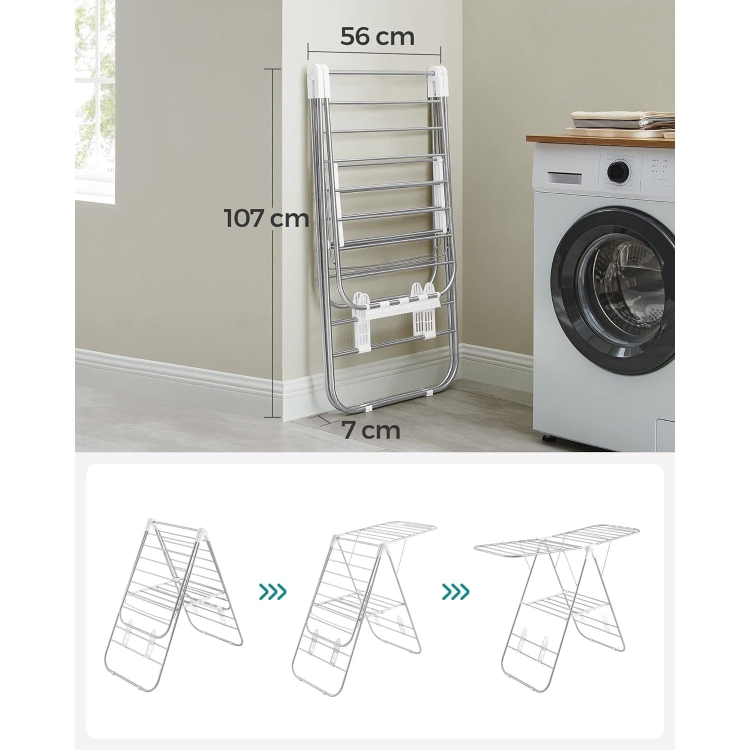 SONGMICS Foldable Clothes Drying Rack with Adjustable Wings Stainless Steel White and Silver LLR502W01