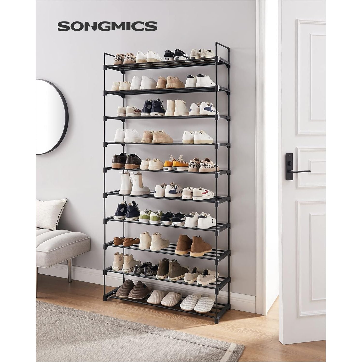 SONGMICS 10 Tier Metal Shoe Rack for 50 Pairs of Shoes Black LSA10BKV1