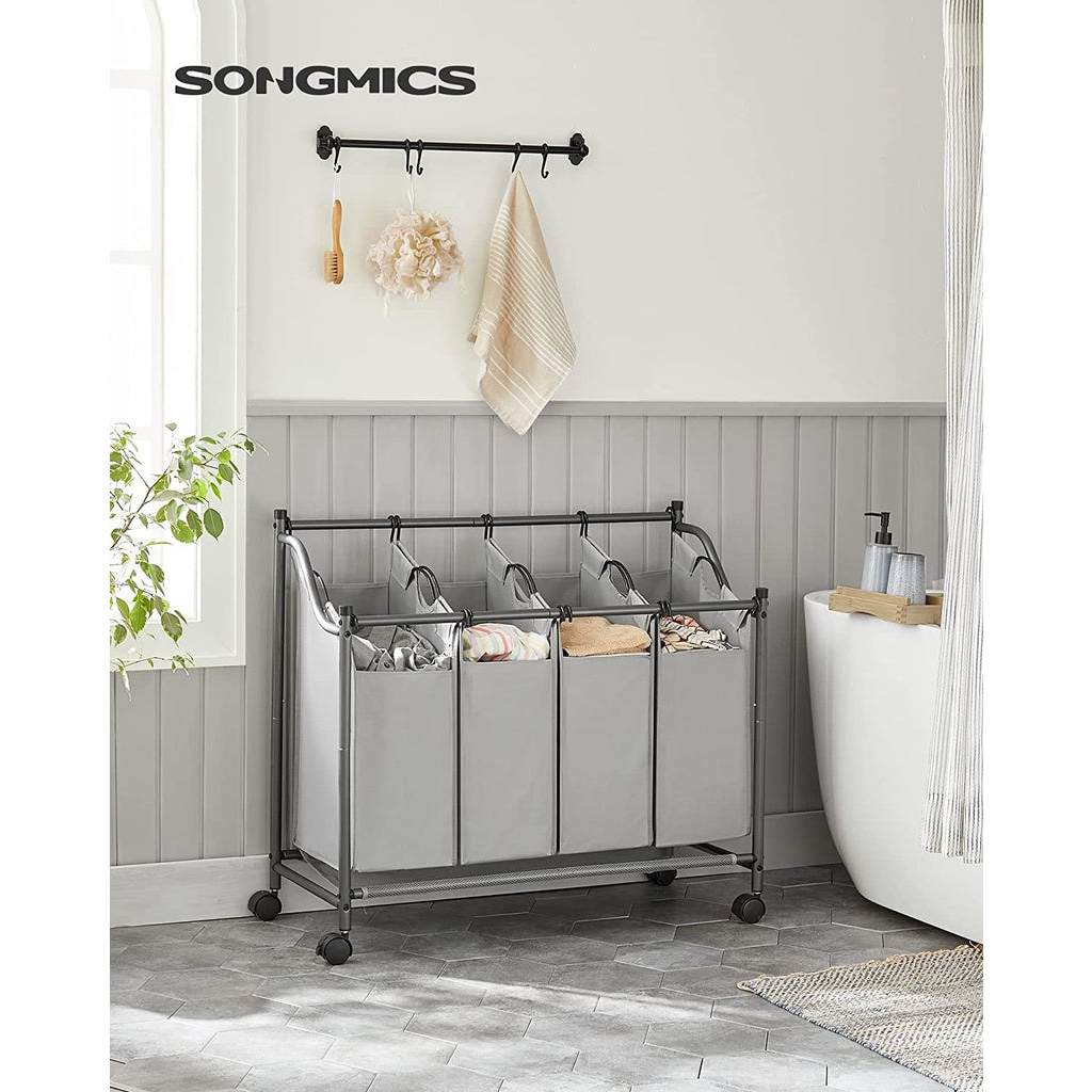 SONGMICS Laundry Basket with 4 Removable Laundry Bin on Wheels Gray LSF005GS