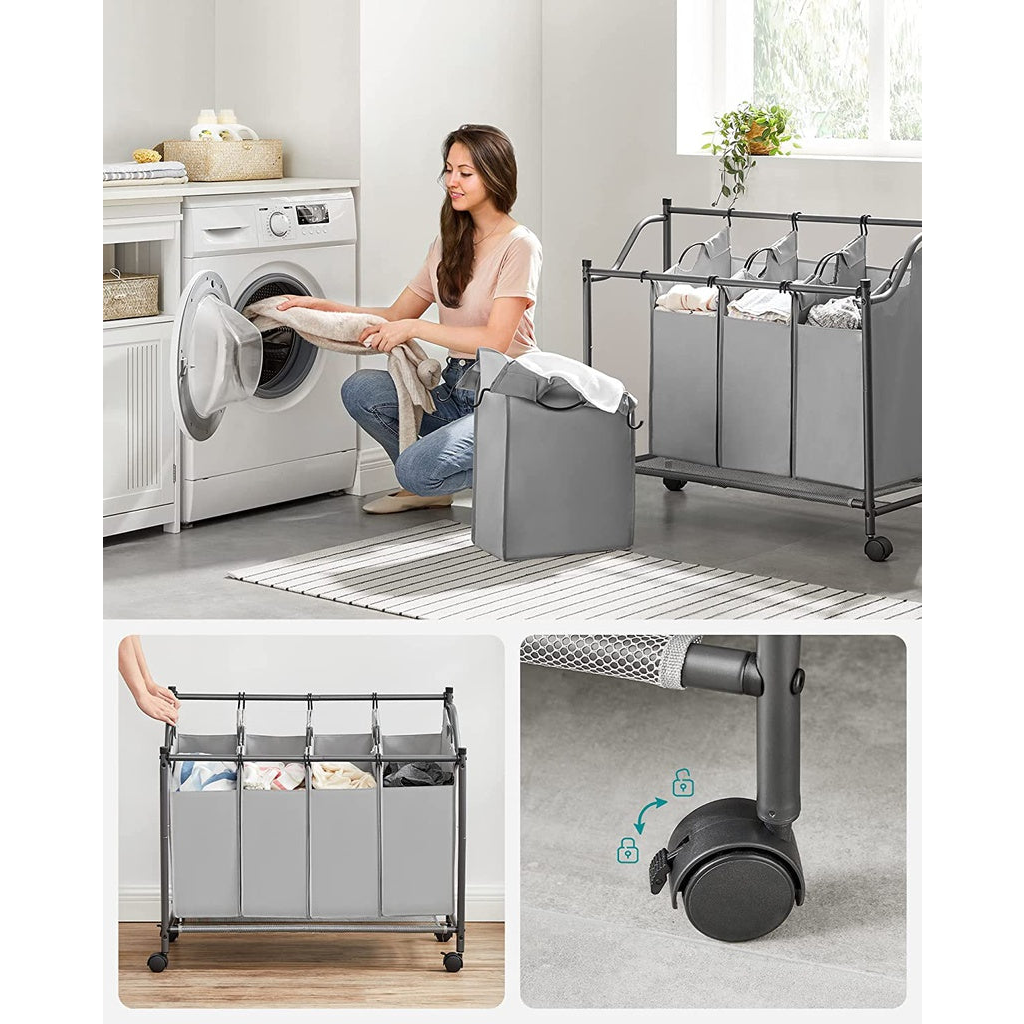 SONGMICS Laundry Basket with 4 Removable Laundry Bin on Wheels Gray LSF005GS