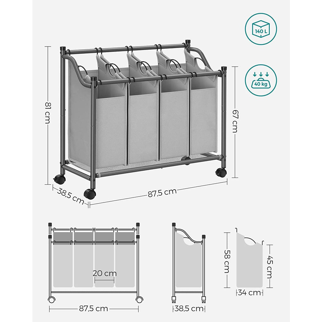 SONGMICS Laundry Basket with 4 Removable Laundry Bin on Wheels Gray LSF005GS