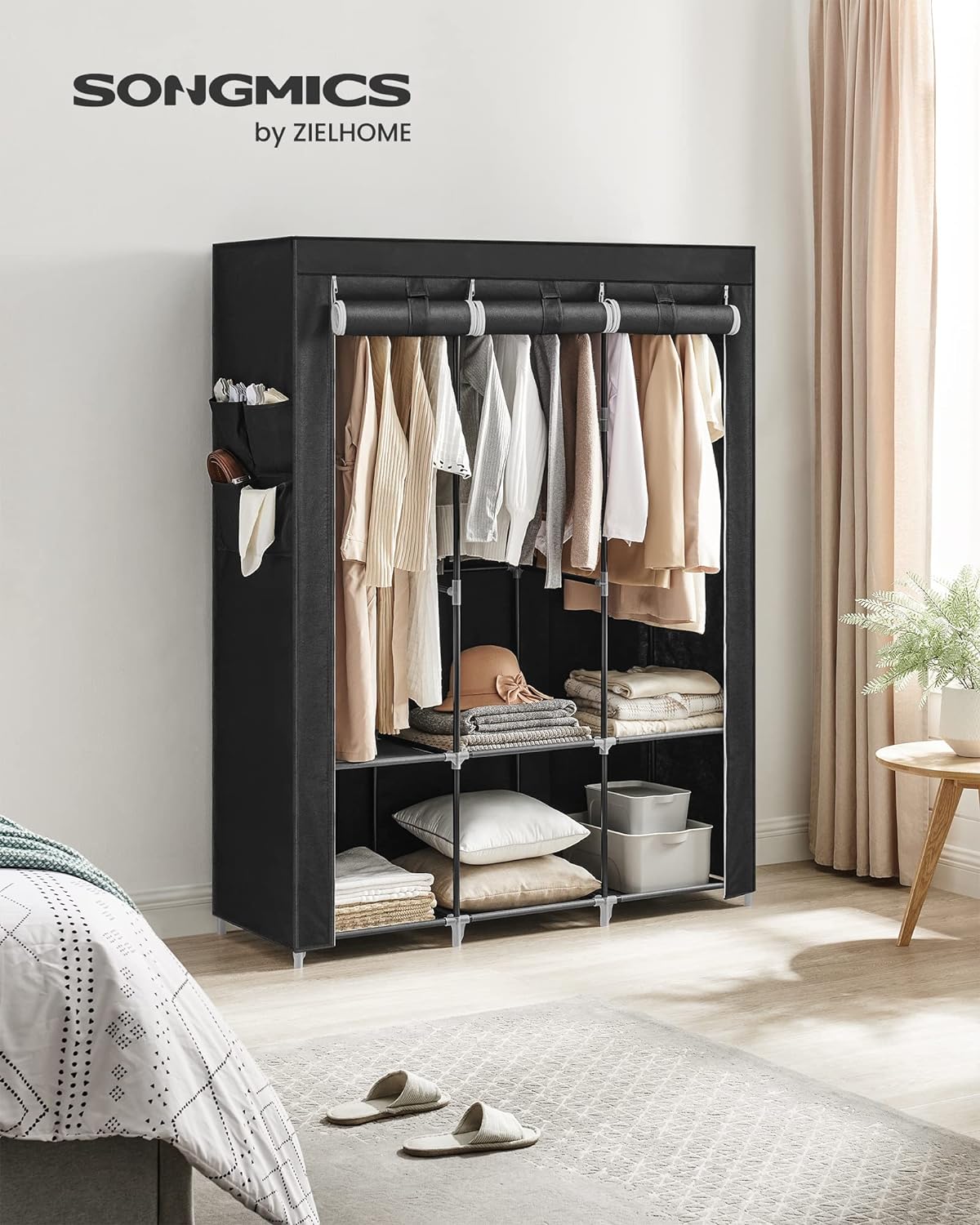 SONGMICS Clothes Wardrobe Portable Closet with Cover and 3 Hanging Rails Black RYG092B02