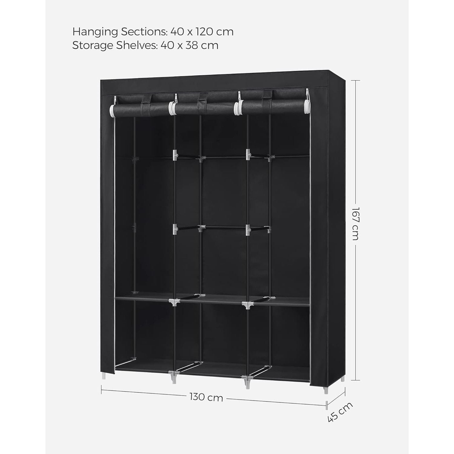 SONGMICS Clothes Wardrobe Portable Closet with Cover and 3 Hanging Rails Black RYG092B02