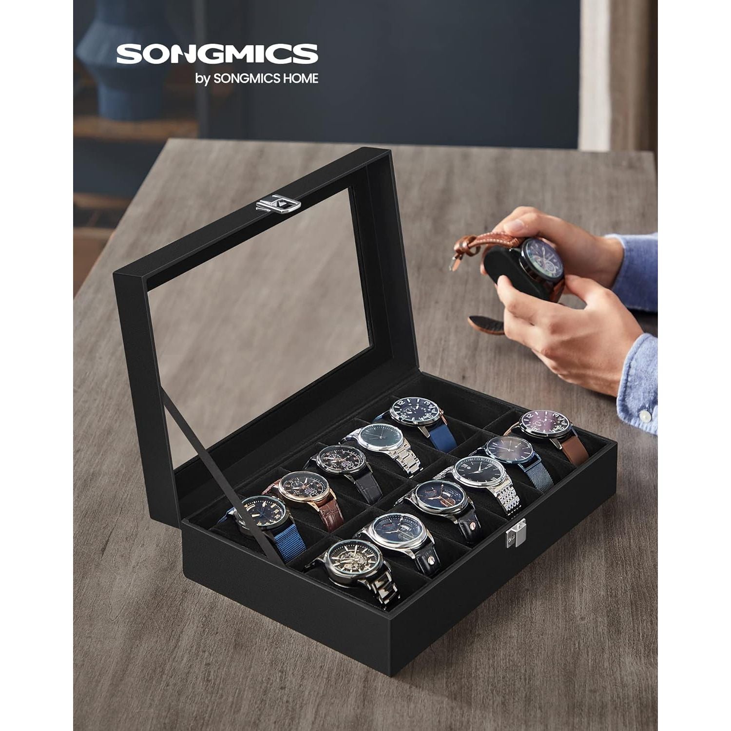 SONGMICS 12-Slot Watch Box with Large Glass Lid and Removable Watch Pillows Black Lining