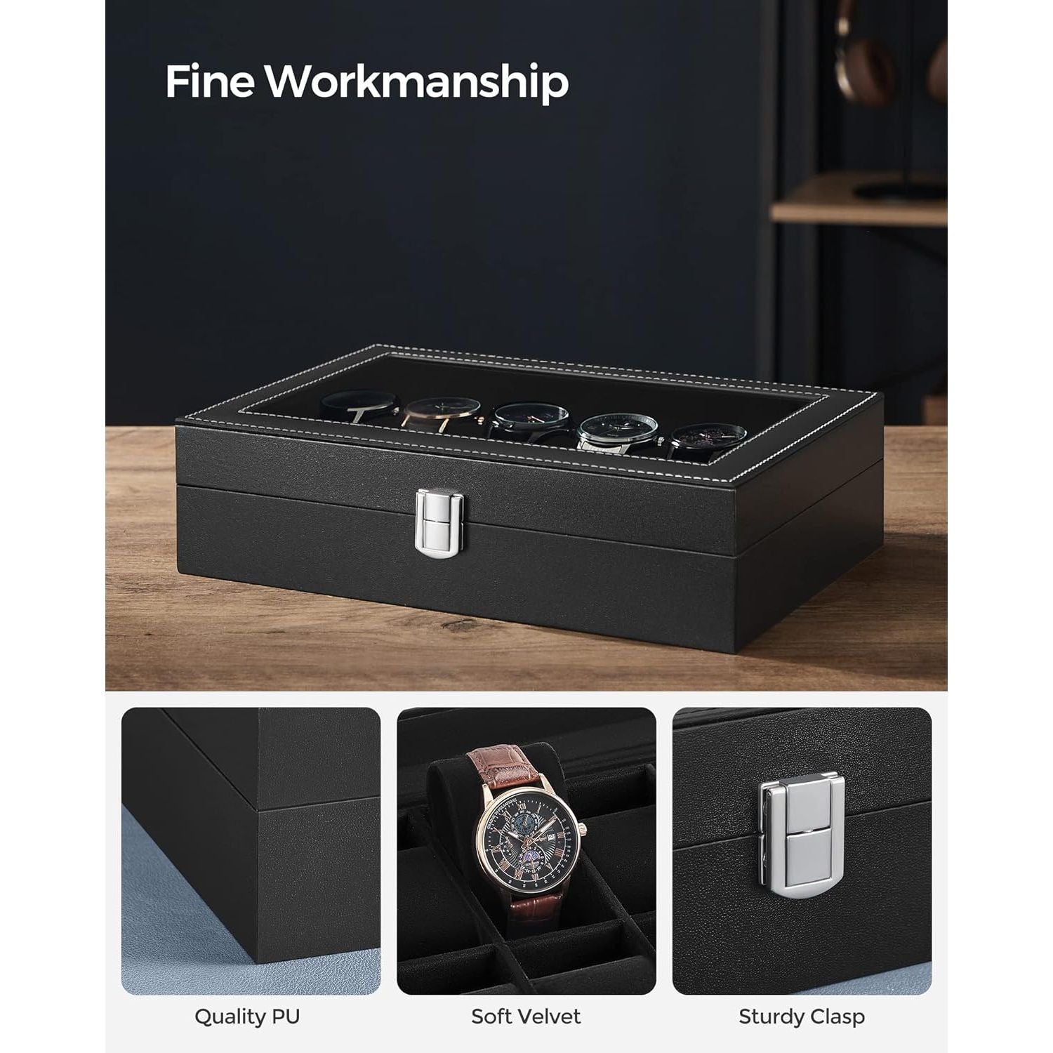 SONGMICS 12-Slot Watch Box with Large Glass Lid and Removable Watch Pillows Black Lining